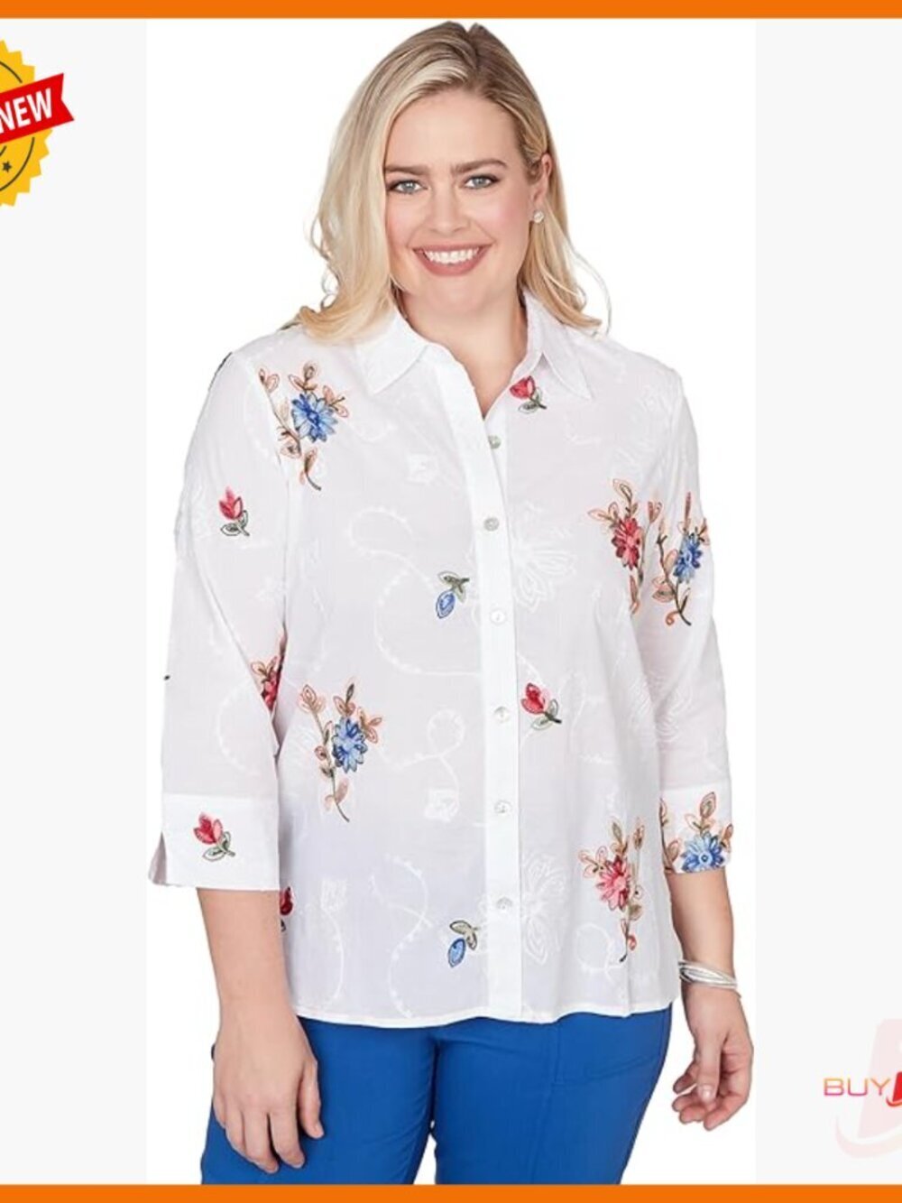 Petite Cotton Embroidered Blouse with Collar and 3/4 Sleeves